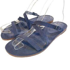 Eileen Fisher Genuine Nubuck Leather Navy Blue Strappy Flat Slip On Sandals 8